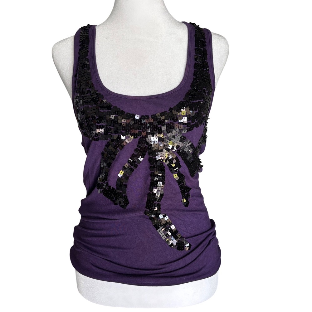Purple Sequin Bow Racerback Tank Top‎ Vintage Y2K 2000s Miley Cyrus x Max Azria